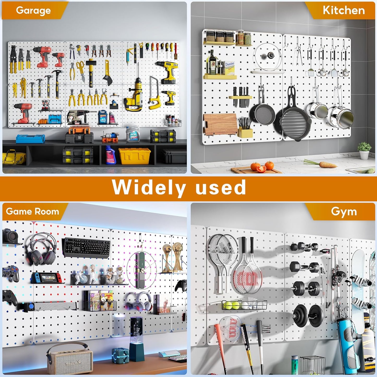 Peg Board, 112PCS Heavy Duty Metal Pegboard with Hooks, 6 Pack Black Peg Board Panels, 60lbs Load Capacity Each, Pegboard Wall Organizer for Garage, Workshop, Kitchen, Craft Rooms