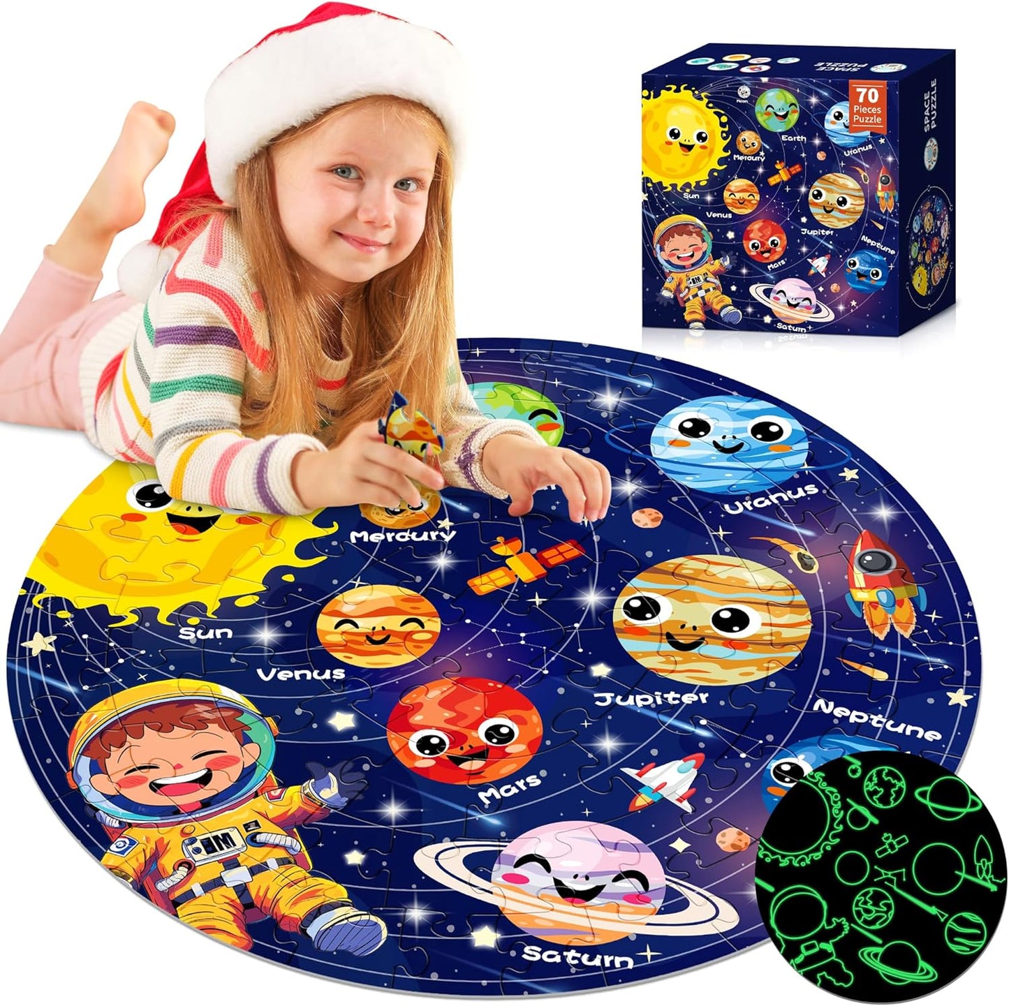 ZIZZ Puzzle for Kids Ages 4-6: Glow in The Dark Solar System Jigsaw Puzzles 70 Piece Space Planets Large Floor Puzzle for Kids 3-10 Years Old Educational Toy Gift for Boys Girls Birthday Christmas