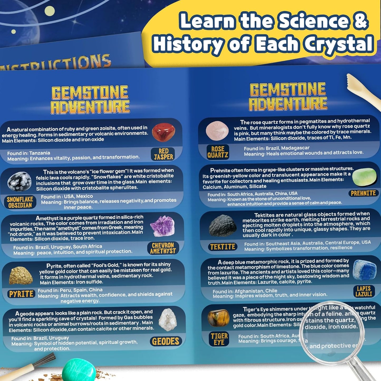 Gemstone Dig Kit for Kids with 2 Tools, Excavate 10 Real Gems, STEM Science Mining Toy, Educational Gift for Boys and Girls Ages 8-12
