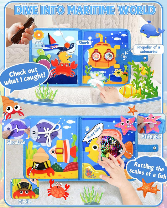 Ocean Busy Board for Toddlers 1-3 - Montessori Learning Toy with Sea Animals & Life Skills, Travel Book for 1 2 3 Year Old Boys Girls, Educational Toddler Toy for Car & Airplane Travel