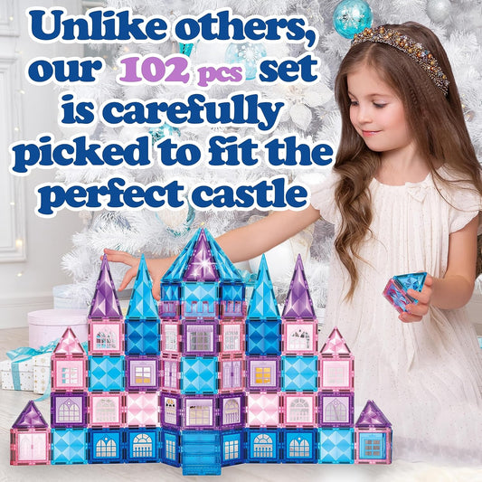 Little Pi 104pcs Frozen Princess Castle Magnetic Tiles Building Blocks - 3D Diamond Blocks, STEM Educational Toddler Toys for Pretend Play, 4 Year Old Girl Birthday Gifts Kids Ages 3 5 6 7 8 - Pink