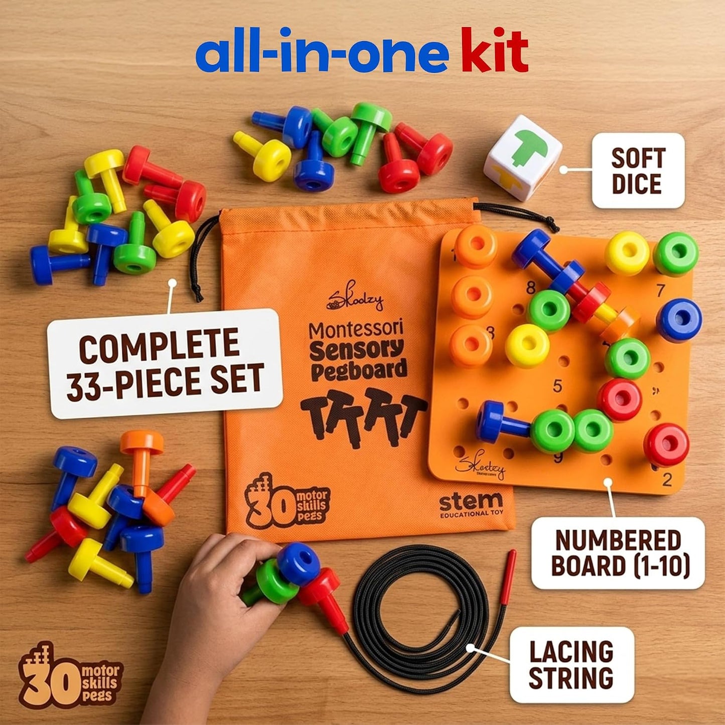 Peg Board Set - Montessori Toys for 2 Year Old - 33 Pc Plastic Peg Board for Kids - Occupational Therapy Toys with Pegs, Dice, Lacing String & Storage Bag