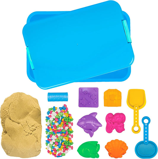 Sea Life Sensory Bin - Includes Storage Case, Moldable Sands, Molds, Shovel, Toys for Kids 3-7
