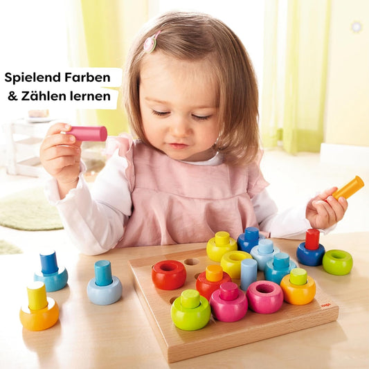 Rainbow Whirls Wooden Sorting & Stacking Rings Shape Sorter, Educational Toys for 2 Year Old & Up, Color Sorting Fine Motor Toys, Made in Germany