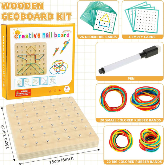 6 Set Wooden Geoboard with Rubber Bands Graphical Montessori Toys for 3+ Year Old Manipulative Material Array Block Geoboards Educational Toy with Pattern Cards Create Figures Shape STEM Puzzle