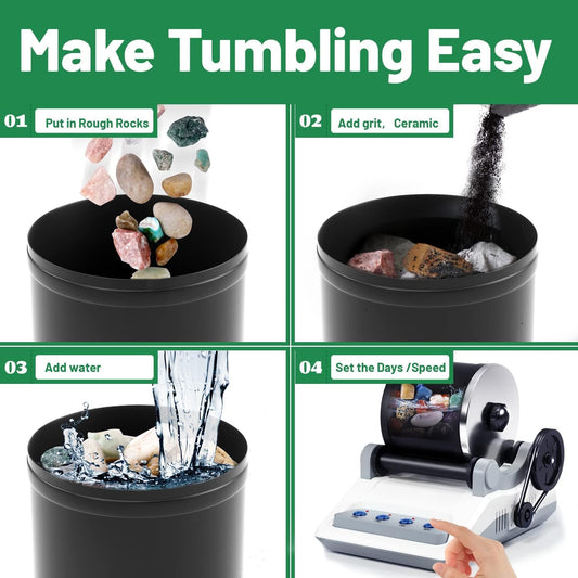 Rock Tumbler Kit,Rock Polisher for Kids & Adults,Includes 2 Belts,Bag of Rough Stones,4 Coarse Grinding,Finely Ground,Polishing Grits
