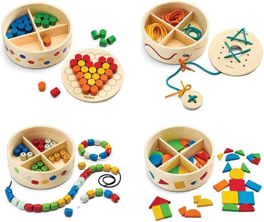 PlanToys® Montessori Wooden Learning Set for Toddlers | Threading Beads, Lacing Boards, Pattern Peg Board & Mosaic Activities