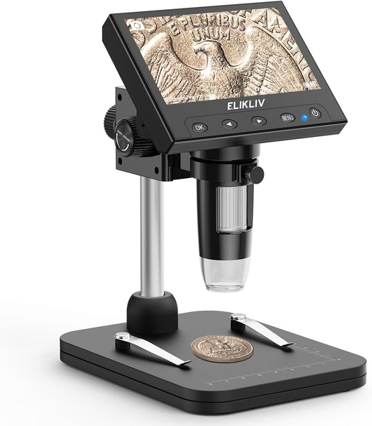 Elikliv Microscope, LCD Digital Coin Microscope 1000x, Coin Magnifier with 8 Adjustable LED Lights, PC View Compatible with W