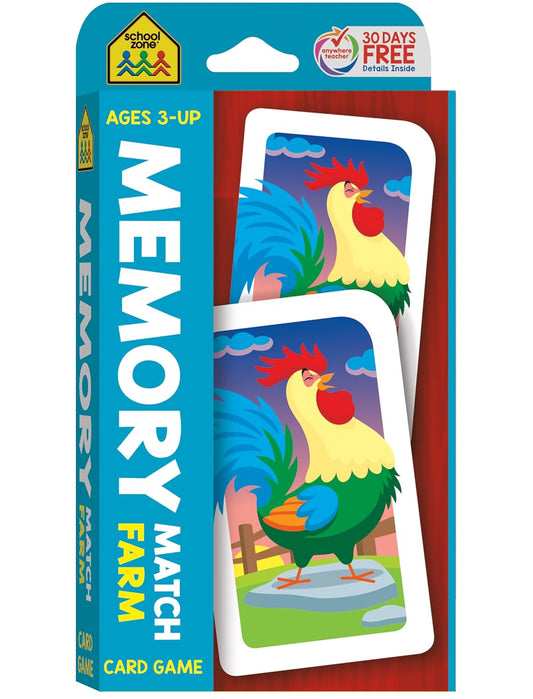 School Zone Memory Match Farm Card Game: 56 Game Cards, Preschool, Kindergarten, Animals, Early Reading, Counting, Matching, 