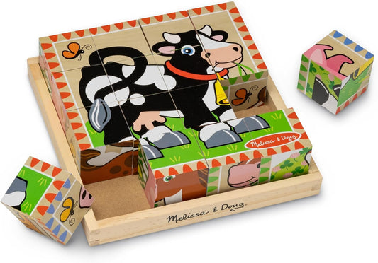 Melissa & Doug Farm Wooden Cube Puzzle with Storage Tray – 6-in-1 Animal Puzzle for Toddlers and Preschoolers – 16 Wooden Cub