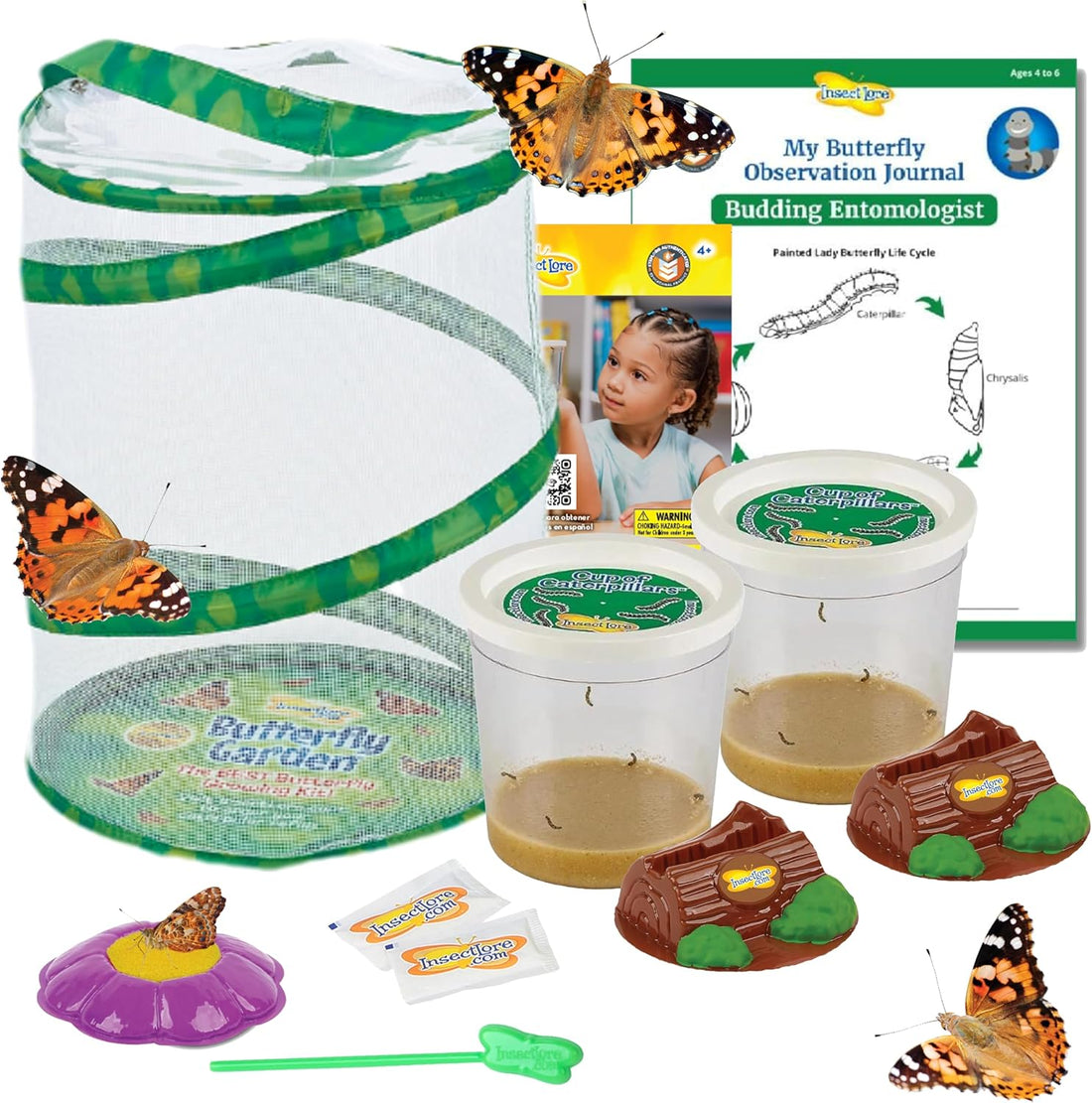 Insect Lore Butterfly Garden with 10 Live Baby Caterpillars - Habitat, Feeder, Chrys-A-Lid Holders, STEM Activity Journal - R