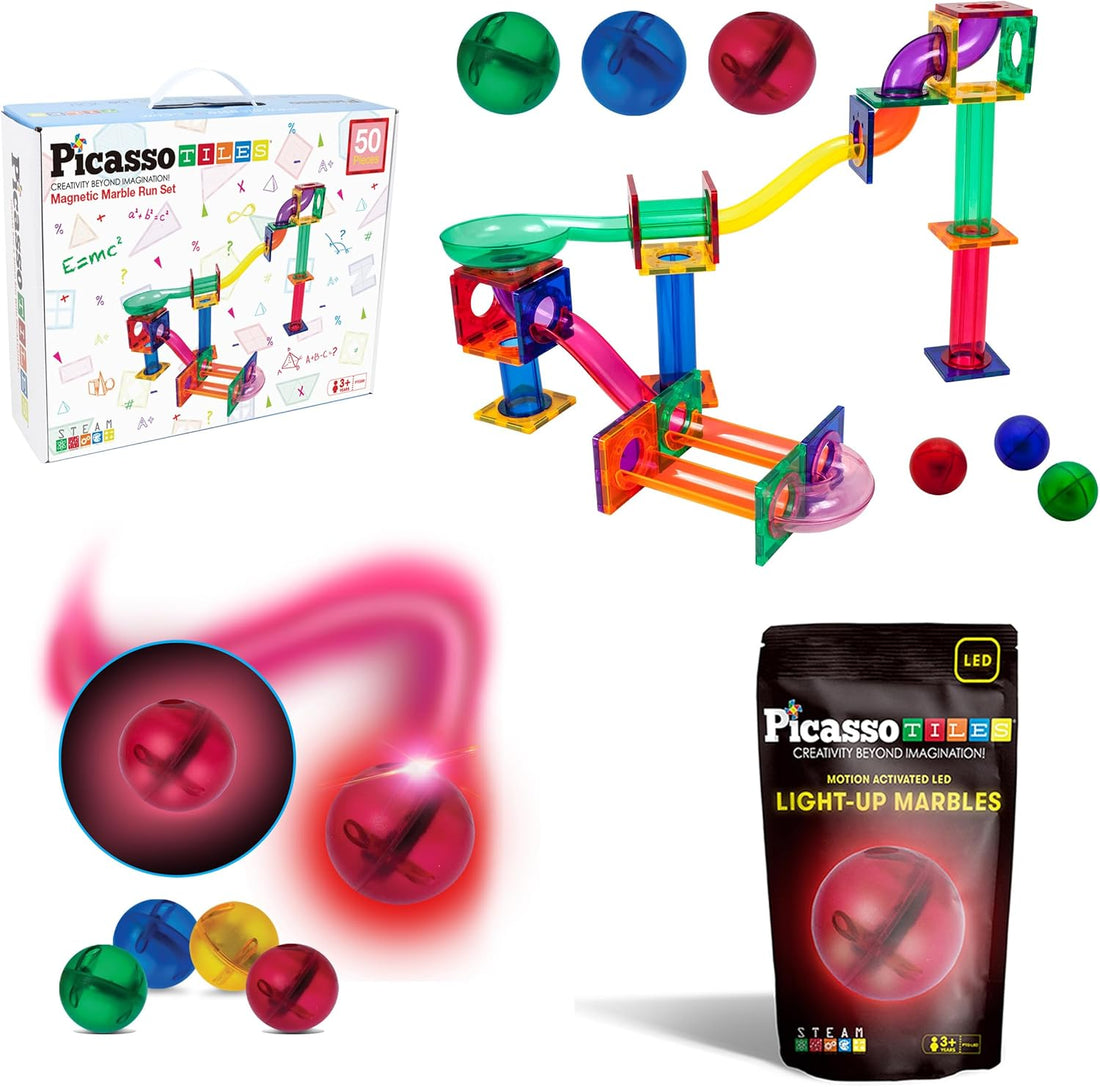 PicassoTiles 50PC Marble Run Race Track + 4PC LED Light-Up Glow in The Dark Translucent Balls: STEAM Educational Playset for 