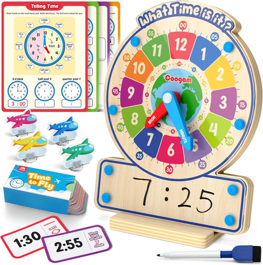 Coogam Wooden Clock Teaching Time Toy, Analog Digital Clock with Fly-Telling Time Board Game, Montessori Time Learning Educat