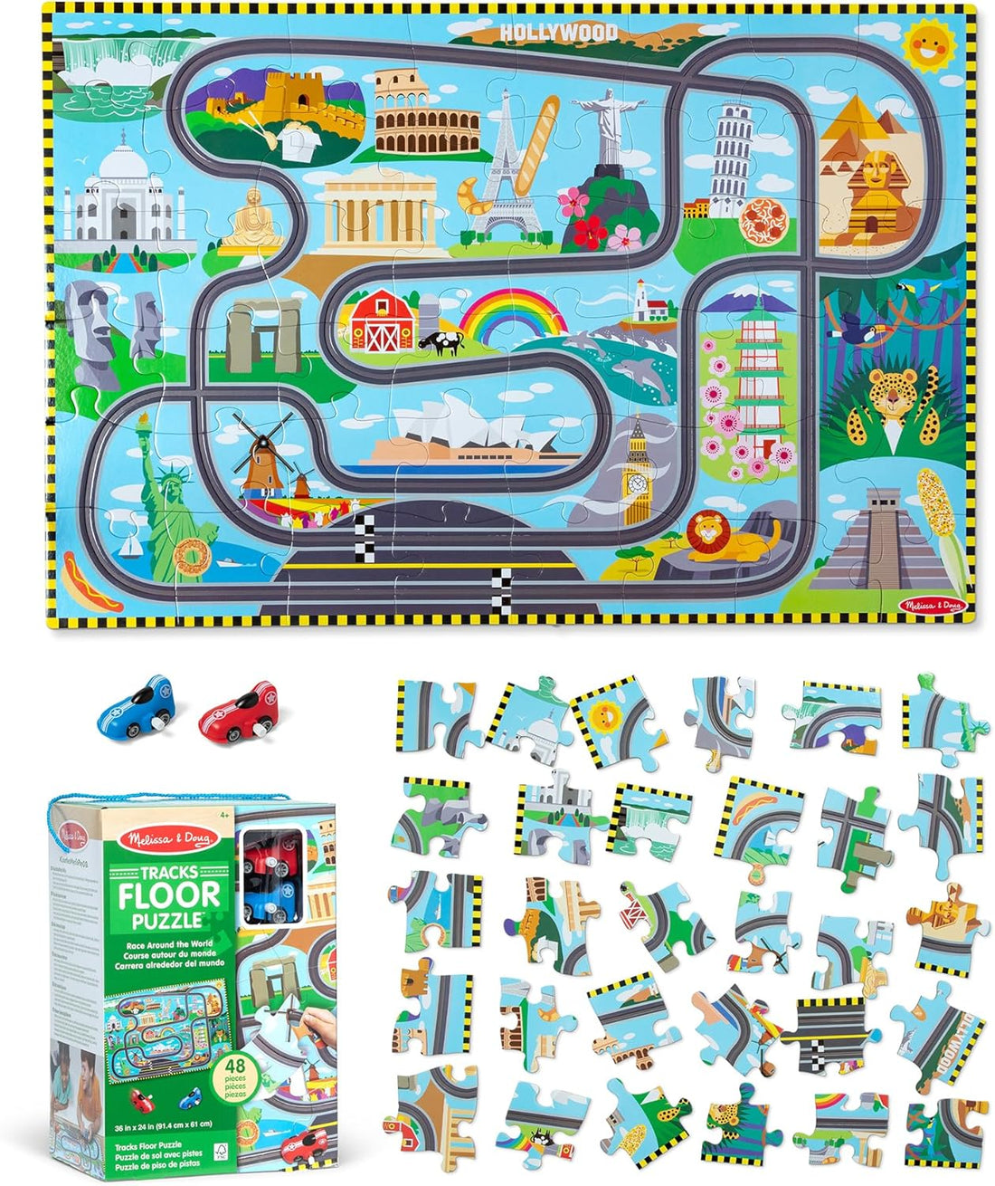 Melissa & Doug Race Around the World Tracks Cardboard Jigsaw Floor Puzzle and Wind-Up Vehicles (48 Pcs) for Preschoolers and 