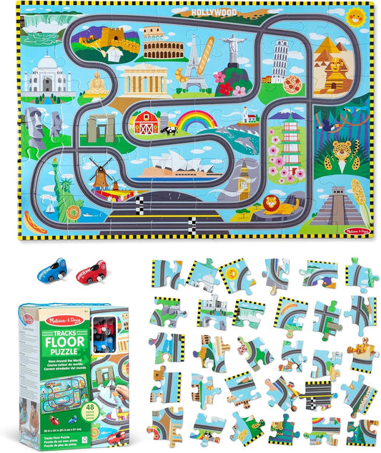 Melissa & Doug Race Around the World Tracks Cardboard Jigsaw Floor Puzzle and Wind-Up Vehicles (48 Pcs) for Preschoolers and 