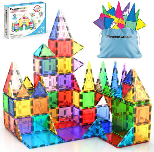 PicassoTiles 100 Piece Set 100pcs Magnet Building Tiles Clear Magnetic 3D Blocks Construction Playboards, Creativity Beyond I