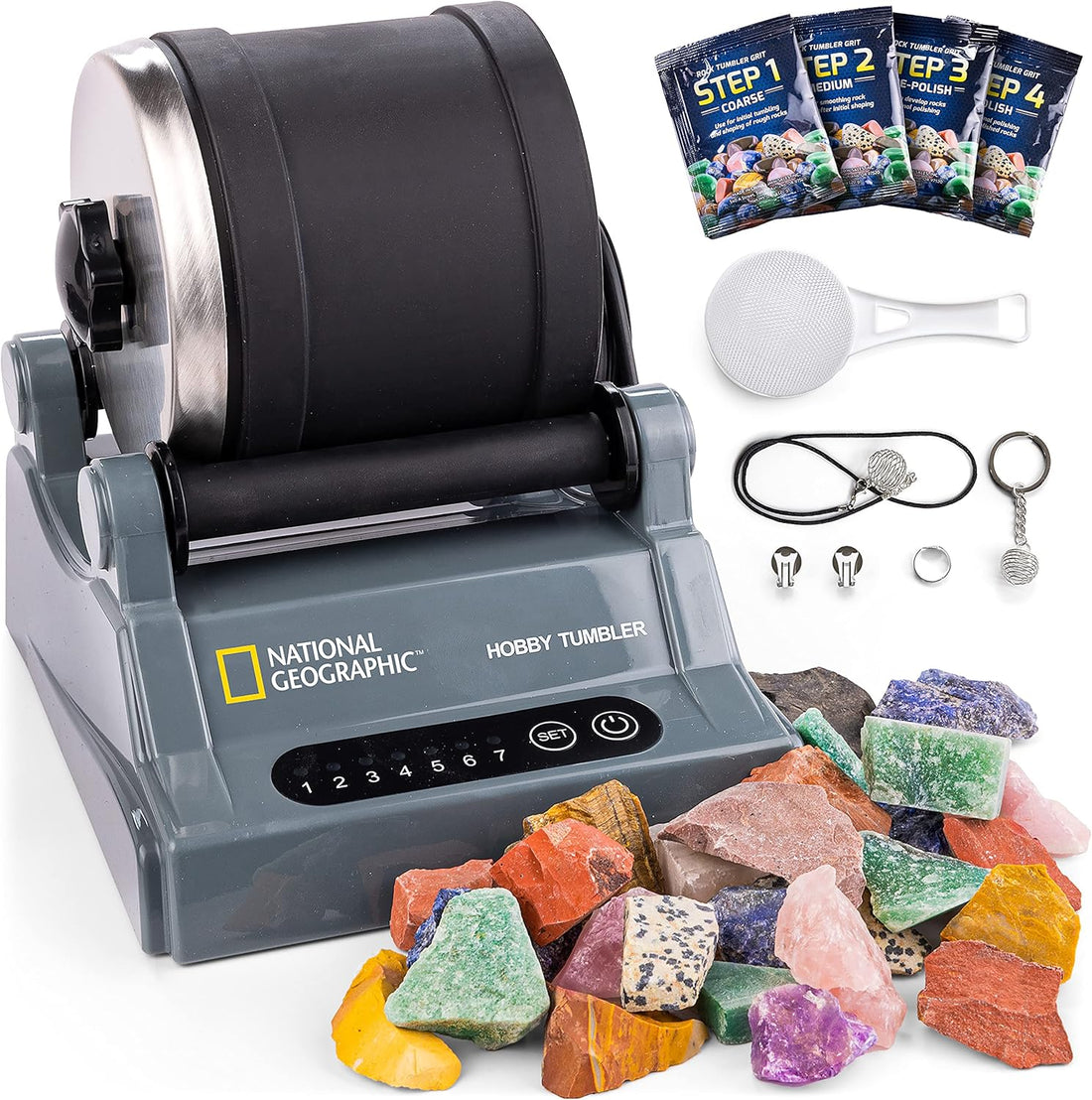 National Geographic Rock Tumbler Kit – Hobby Edition Includes Rough Gemstones, and 4 Polishing Grits, Great STEM Science Kit 