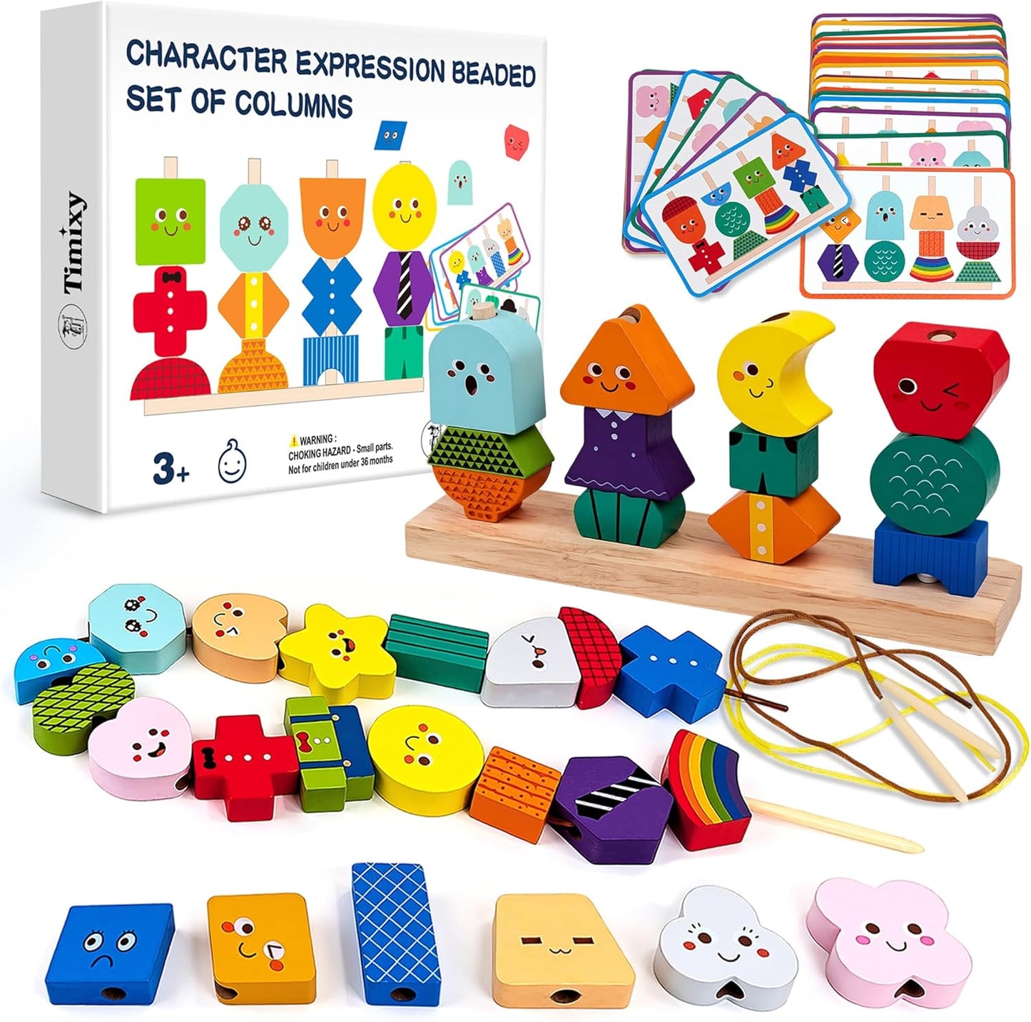 Montessori Wooden Stacking Blocks Sequencing Game Lacing Beads Toy Set for Kids, STEM Shape Matching Educational Toy for 3+ Year Old Boy Girl, Quiet Scree-Free Fine Motor Skills Activity for Toddler