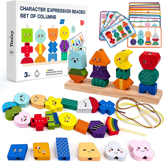 Montessori Wooden Stacking Blocks Sequencing Game Lacing Beads Toy Set for Kids, STEM Shape Matching Educational Toy for 3+ Year Old Boy Girl, Quiet Scree-Free Fine Motor Skills Activity for Toddler