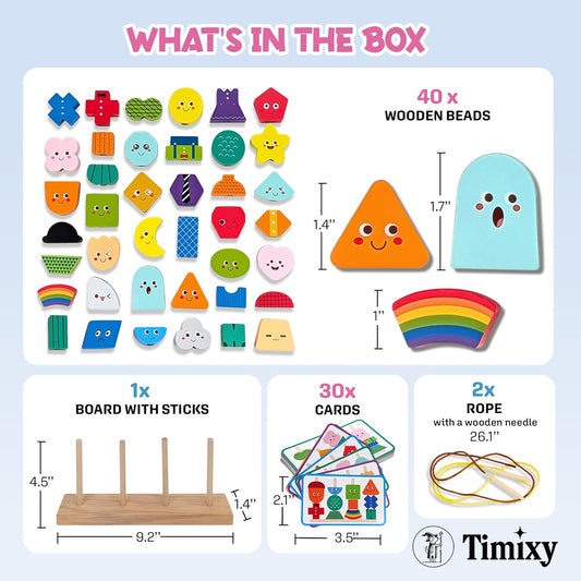 Montessori Wooden Stacking Blocks Sequencing Game Lacing Beads Toy Set for Kids, STEM Shape Matching Educational Toy for 3+ Year Old Boy Girl, Quiet Scree-Free Fine Motor Skills Activity for Toddler