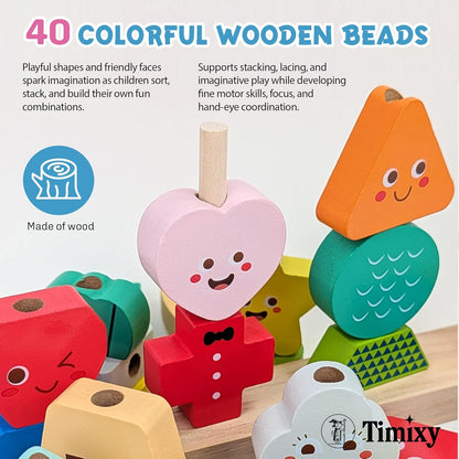 Montessori Wooden Stacking Blocks Sequencing Game Lacing Beads Toy Set for Kids, STEM Shape Matching Educational Toy for 3+ Year Old Boy Girl, Quiet Scree-Free Fine Motor Skills Activity for Toddler