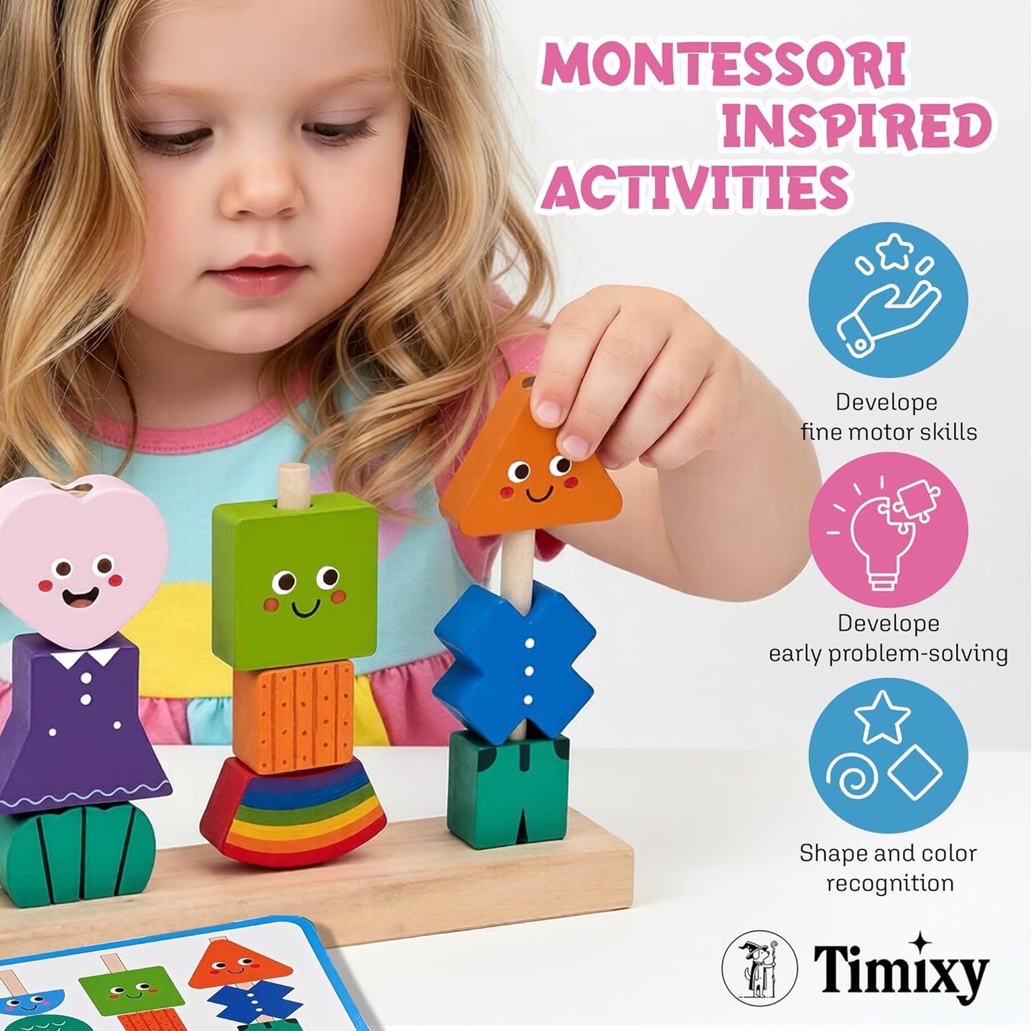 Montessori Wooden Stacking Blocks Sequencing Game Lacing Beads Toy Set for Kids, STEM Shape Matching Educational Toy for 3+ Year Old Boy Girl, Quiet Scree-Free Fine Motor Skills Activity for Toddler