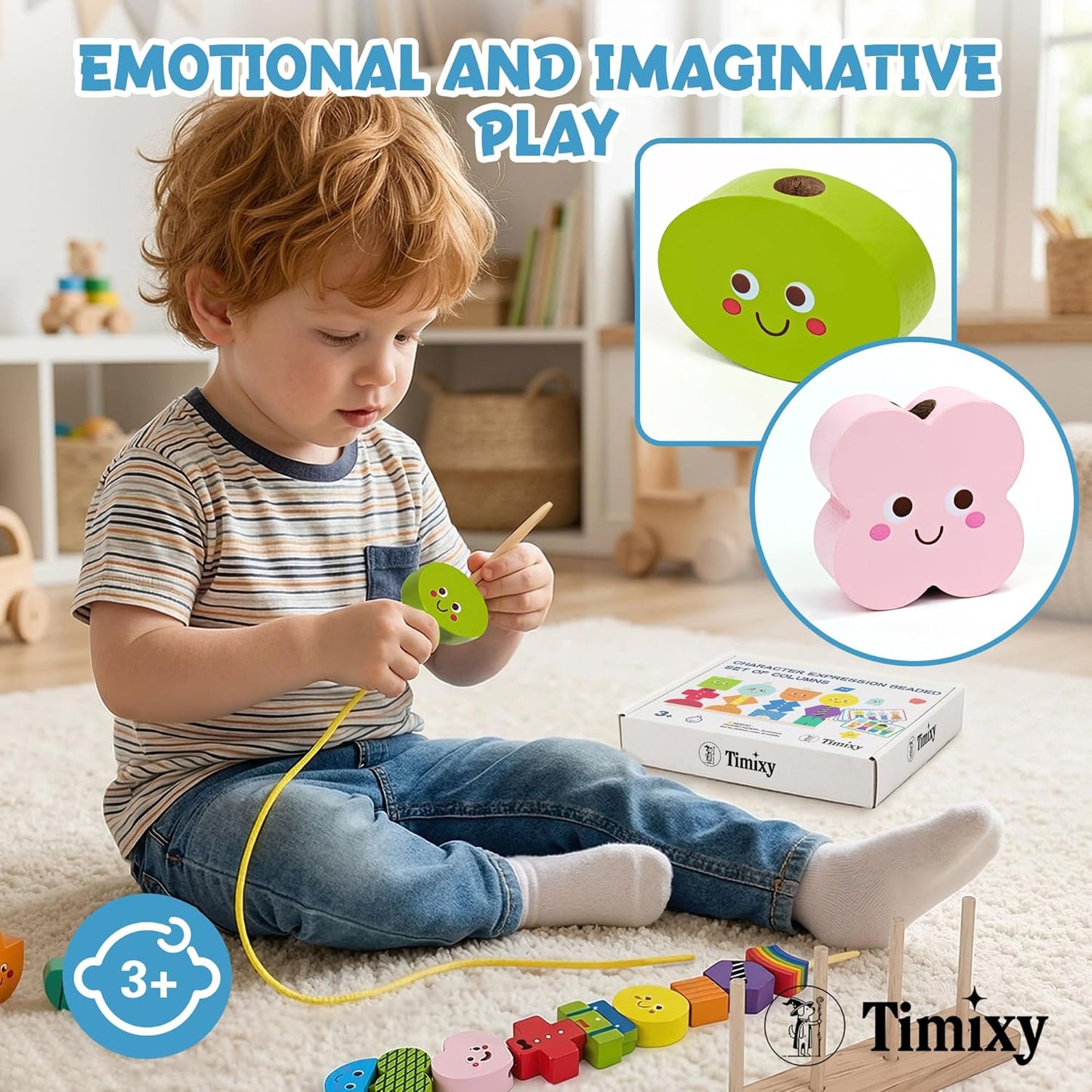 Montessori Wooden Stacking Blocks Sequencing Game Lacing Beads Toy Set for Kids, STEM Shape Matching Educational Toy for 3+ Year Old Boy Girl, Quiet Scree-Free Fine Motor Skills Activity for Toddler