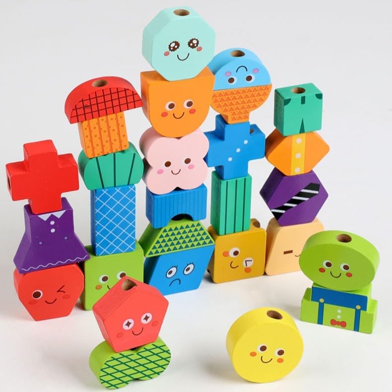 Montessori Wooden Stacking Blocks Sequencing Game Lacing Beads Toy Set for Kids, STEM Shape Matching Educational Toy for 3+ Year Old Boy Girl, Quiet Scree-Free Fine Motor Skills Activity for Toddler