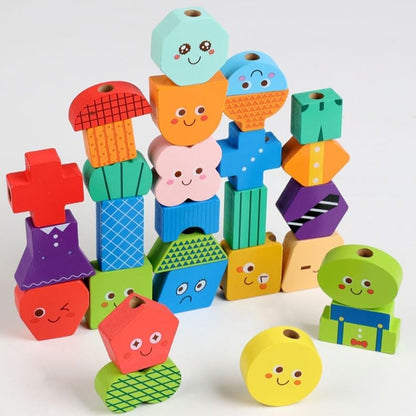 Montessori Wooden Stacking Blocks Sequencing Game Lacing Beads Toy Set for Kids, STEM Shape Matching Educational Toy for 3+ Year Old Boy Girl, Quiet Scree-Free Fine Motor Skills Activity for Toddler
