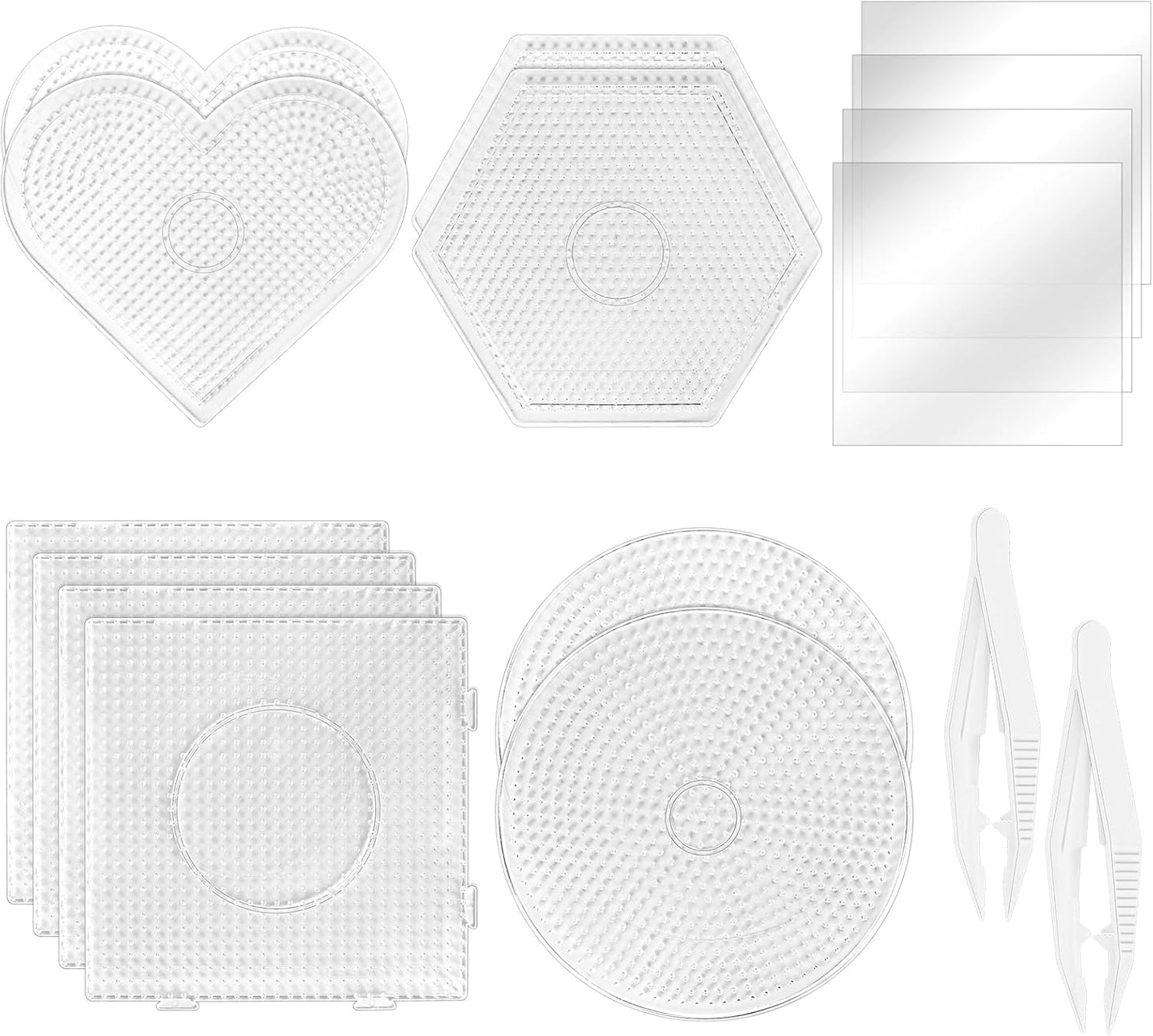 10PCS (4 Shapes) Fuse Beads Pegboards Boards with 2Pieces Tweezers and 6Pieces Lroning Paper,5mm Clear Plastic Pegboards Set Kit for Kids Craft Supplies Beads
