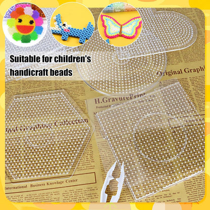 10PCS (4 Shapes) Fuse Beads Pegboards Boards with 2Pieces Tweezers and 6Pieces Lroning Paper,5mm Clear Plastic Pegboards Set Kit for Kids Craft Supplies Beads
