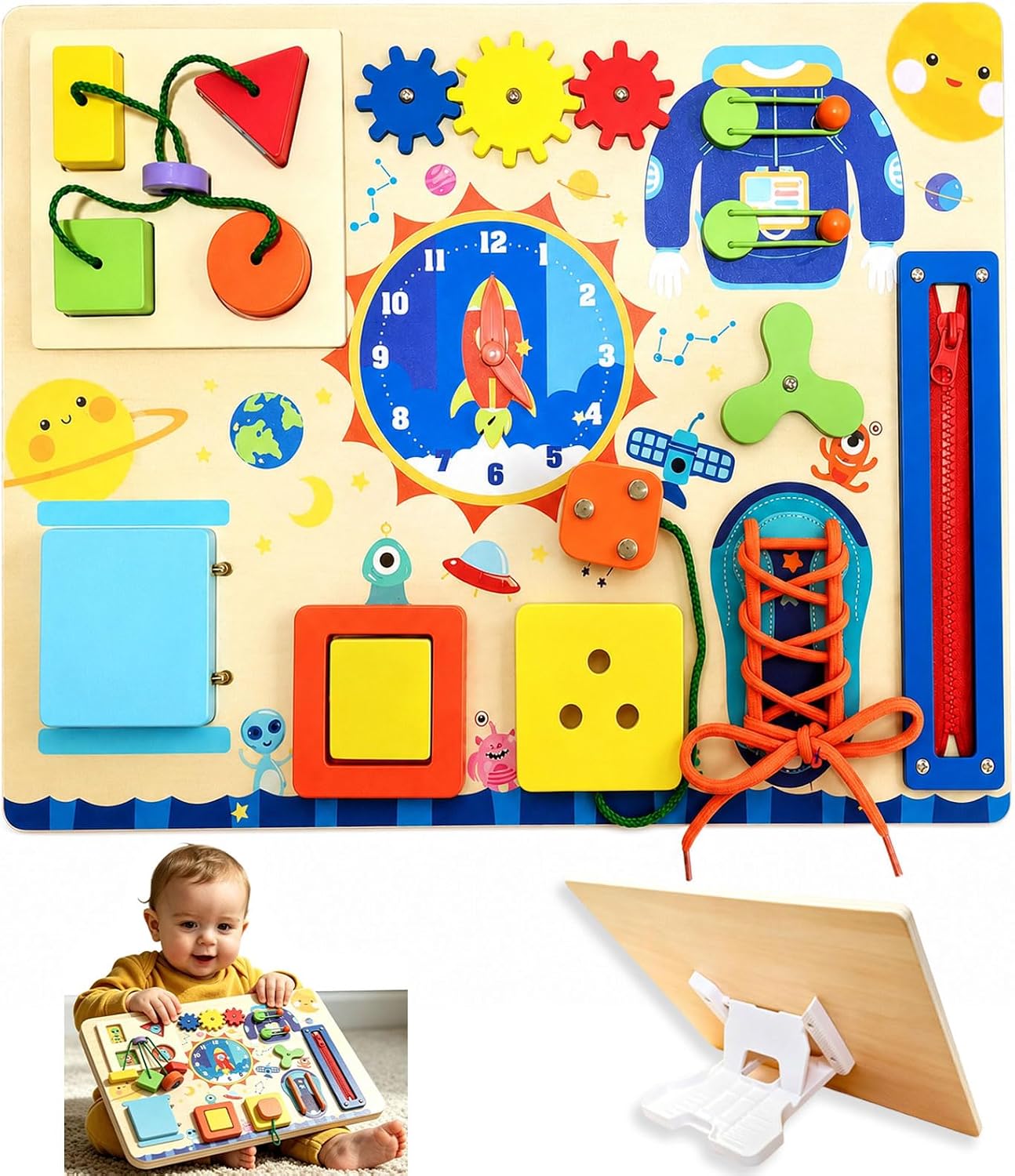Montessori Busy Board with Adjustable Stand, Natural Wood Space-Theme Fun Sensory Activity Toys for 1-3 Year Old Baby Toddler Learning Skills
