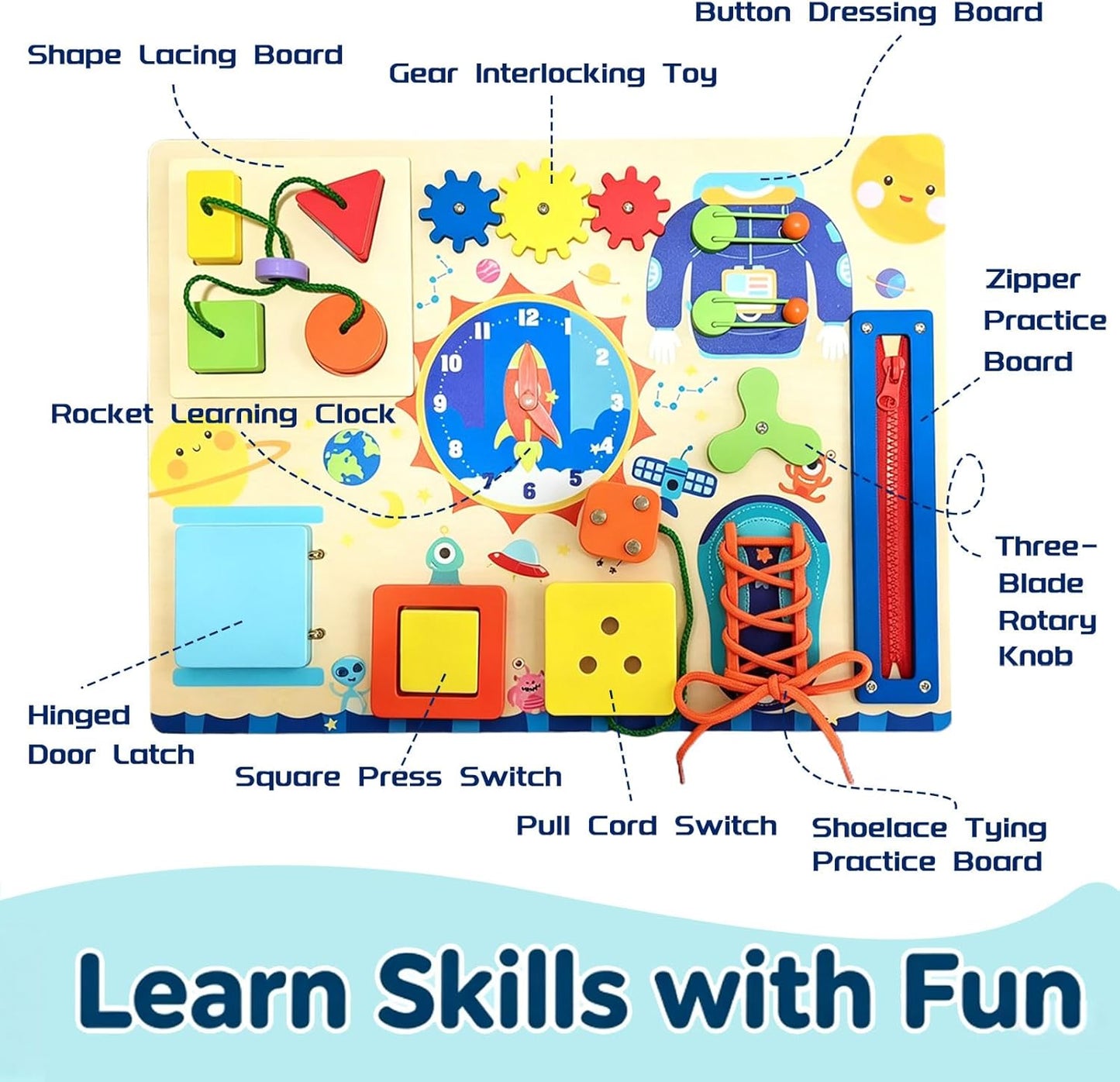 Montessori Busy Board with Adjustable Stand, Natural Wood Space-Theme Fun Sensory Activity Toys for 1-3 Year Old Baby Toddler Learning Skills