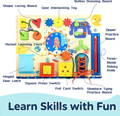 Montessori Busy Board with Adjustable Stand, Natural Wood Space-Theme Fun Sensory Activity Toys for 1-3 Year Old Baby Toddler Learning Skills