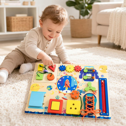 Montessori Busy Board with Adjustable Stand, Natural Wood Space-Theme Fun Sensory Activity Toys for 1-3 Year Old Baby Toddler Learning Skills