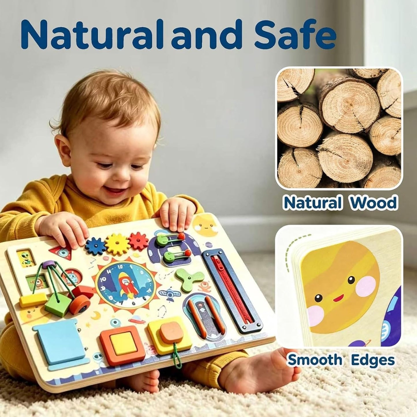 Montessori Busy Board with Adjustable Stand, Natural Wood Space-Theme Fun Sensory Activity Toys for 1-3 Year Old Baby Toddler Learning Skills