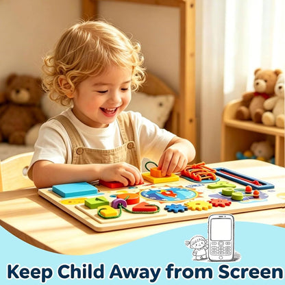 Montessori Busy Board with Adjustable Stand, Natural Wood Space-Theme Fun Sensory Activity Toys for 1-3 Year Old Baby Toddler Learning Skills
