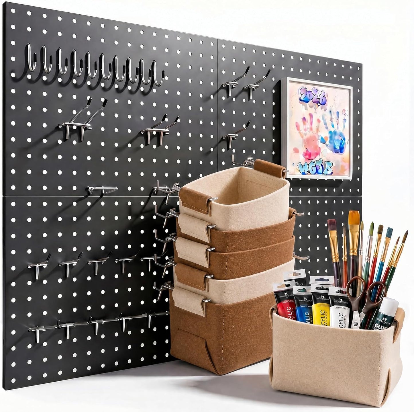 Peg Board, 6 Pack Metal PegBoard Organizer with Accessories, White Pegboard Panels with 50 Pcs Hooks and Baskets, Wall Organizer for Office, Craft Room Organization, Garage, Sewing Room