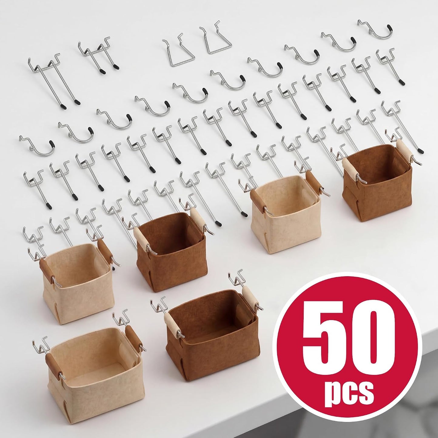 Peg Board, 6 Pack Metal PegBoard Organizer with Accessories, White Pegboard Panels with 50 Pcs Hooks and Baskets, Wall Organizer for Office, Craft Room Organization, Garage, Sewing Room