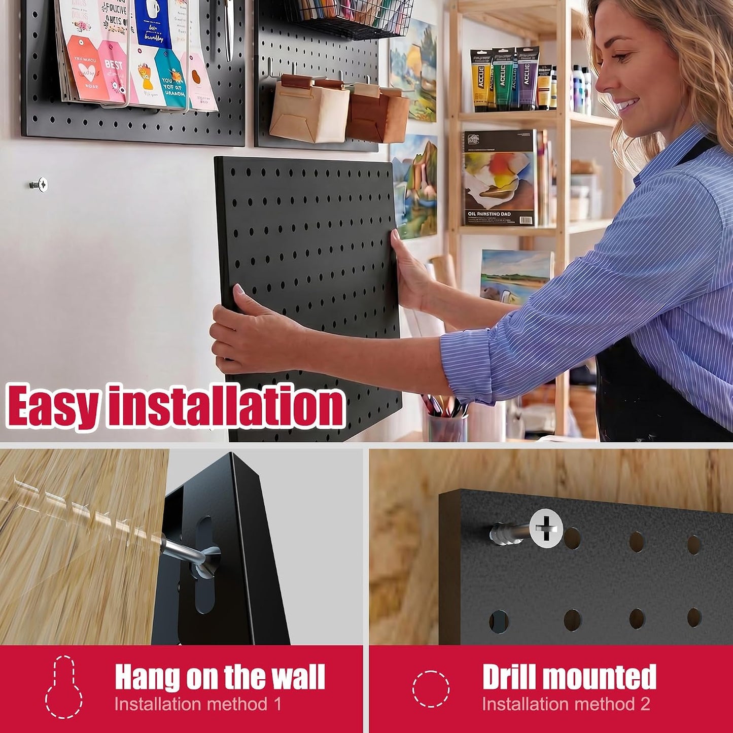 Peg Board, 6 Pack Metal PegBoard Organizer with Accessories, White Pegboard Panels with 50 Pcs Hooks and Baskets, Wall Organizer for Office, Craft Room Organization, Garage, Sewing Room