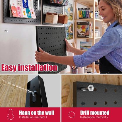Peg Board, 6 Pack Metal PegBoard Organizer with Accessories, White Pegboard Panels with 50 Pcs Hooks and Baskets, Wall Organizer for Office, Craft Room Organization, Garage, Sewing Room