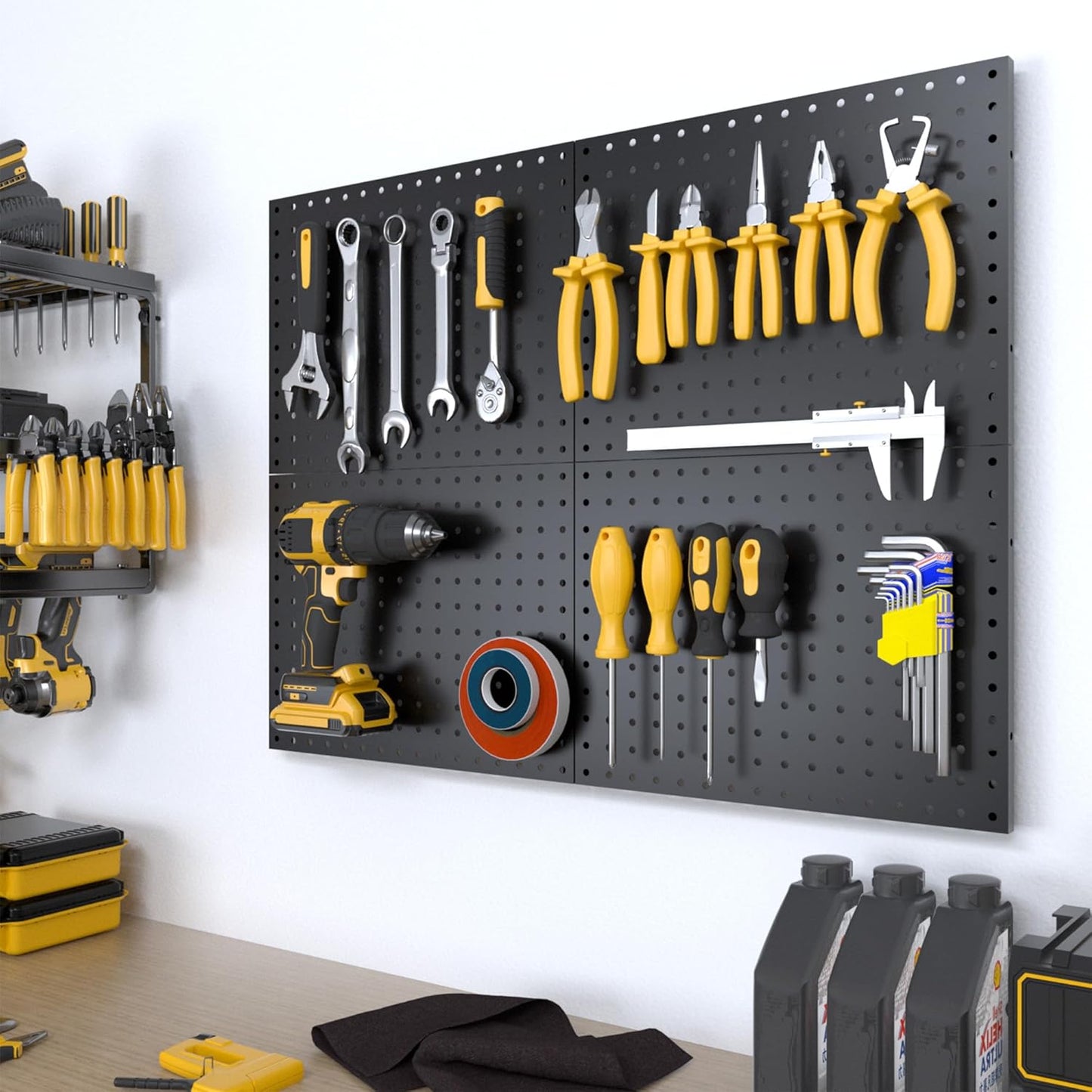 Peg Board, 6 Pack Metal PegBoard Organizer with Accessories, White Pegboard Panels with 50 Pcs Hooks and Baskets, Wall Organizer for Office, Craft Room Organization, Garage, Sewing Room