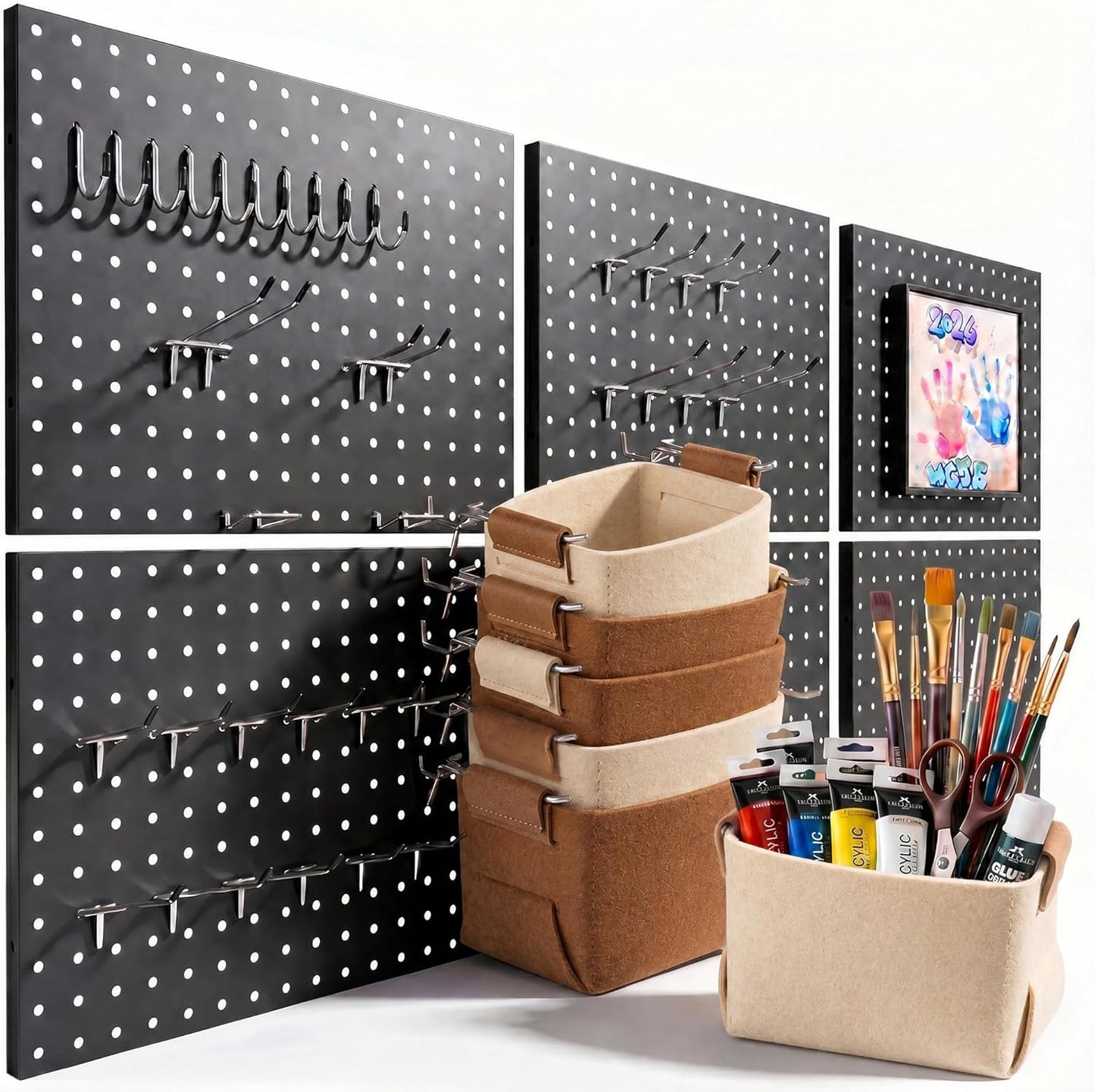 Peg Board, 6 Pack Metal PegBoard Organizer with Accessories, White Pegboard Panels with 50 Pcs Hooks and Baskets, Wall Organizer for Office, Craft Room Organization, Garage, Sewing Room