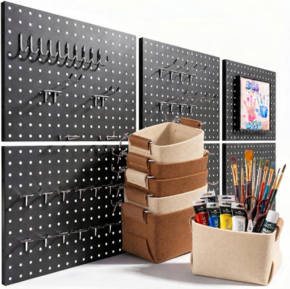 Peg Board, 6 Pack Metal PegBoard Organizer with Accessories, White Pegboard Panels with 50 Pcs Hooks and Baskets, Wall Organizer for Office, Craft Room Organization, Garage, Sewing Room