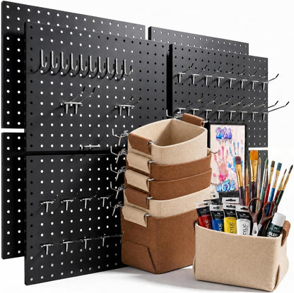 Peg Board, 6 Pack Metal PegBoard Organizer with Accessories, White Pegboard Panels with 50 Pcs Hooks and Baskets, Wall Organizer for Office, Craft Room Organization, Garage, Sewing Room