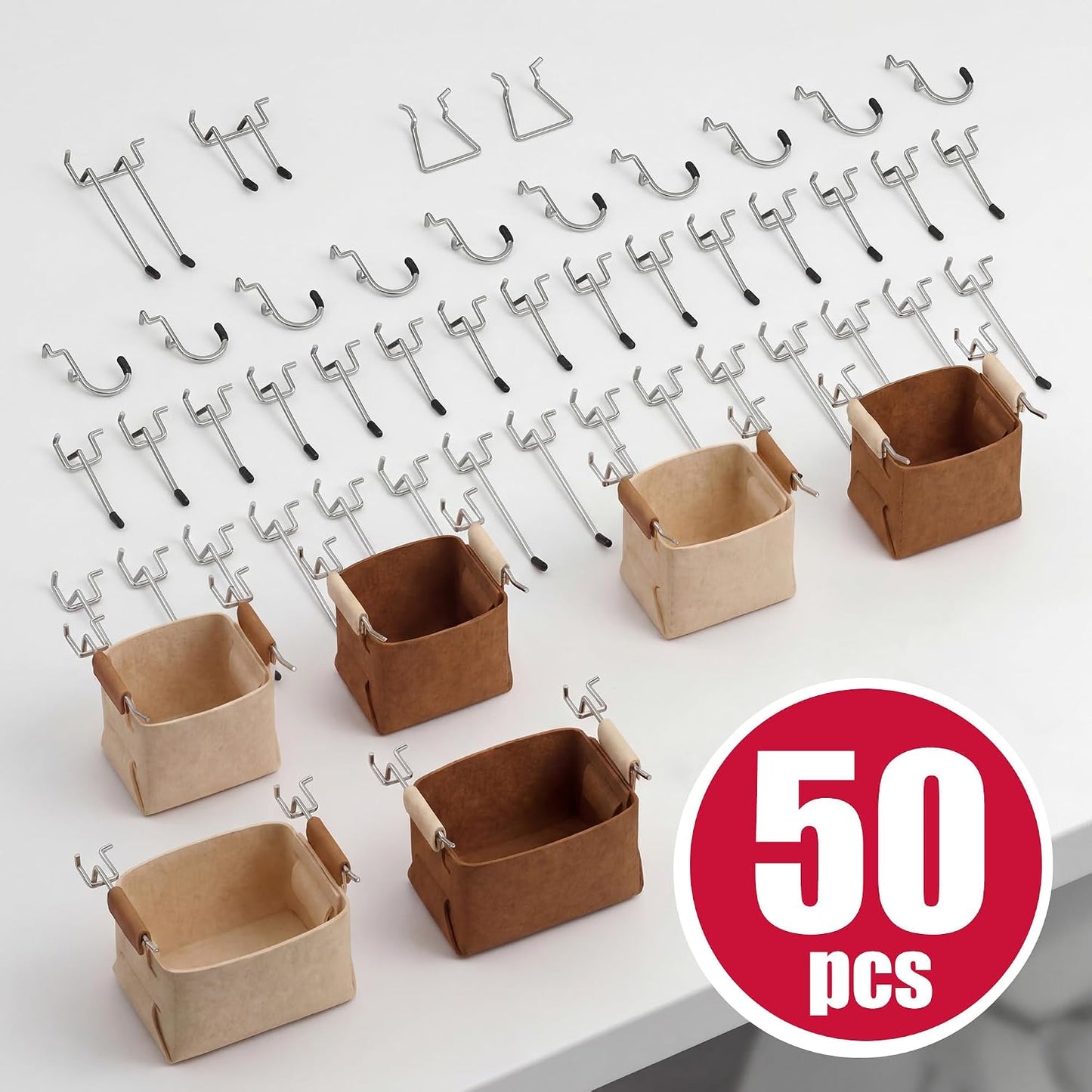 Peg Board, 6 Pack Metal PegBoard Organizer with Accessories, White Pegboard Panels with 50 Pcs Hooks and Baskets, Wall Organizer for Office, Craft Room Organization, Garage, Sewing Room