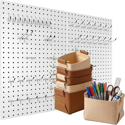Peg Board, 6 Pack Metal PegBoard Organizer with Accessories, White Pegboard Panels with 50 Pcs Hooks and Baskets, Wall Organizer for Office, Craft Room Organization, Garage, Sewing Room