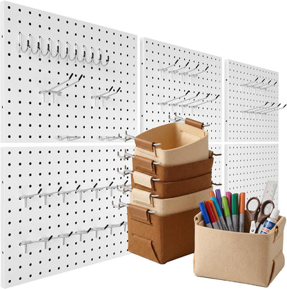 Peg Board, 6 Pack Metal PegBoard Organizer with Accessories, White Pegboard Panels with 50 Pcs Hooks and Baskets, Wall Organizer for Office, Craft Room Organization, Garage, Sewing Room