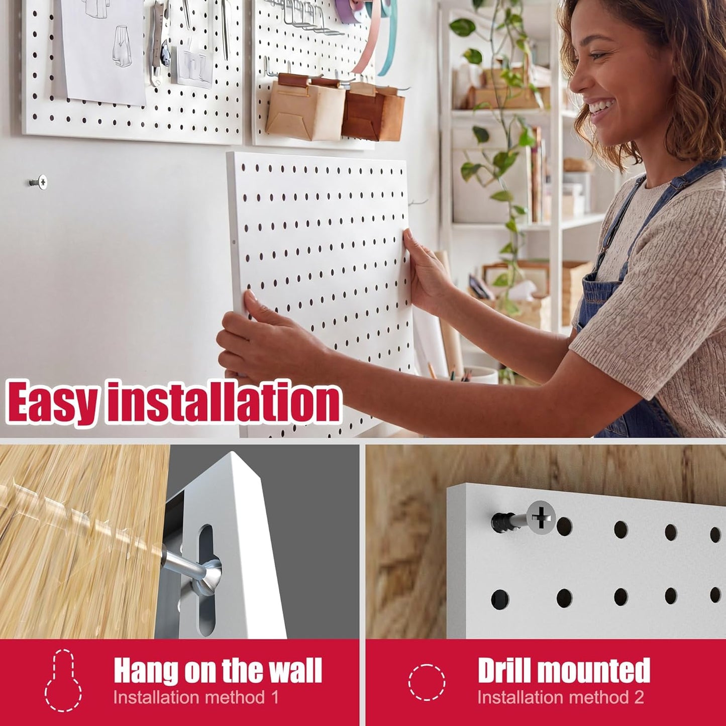 Peg Board, 6 Pack Metal PegBoard Organizer with Accessories, White Pegboard Panels with 50 Pcs Hooks and Baskets, Wall Organizer for Office, Craft Room Organization, Garage, Sewing Room