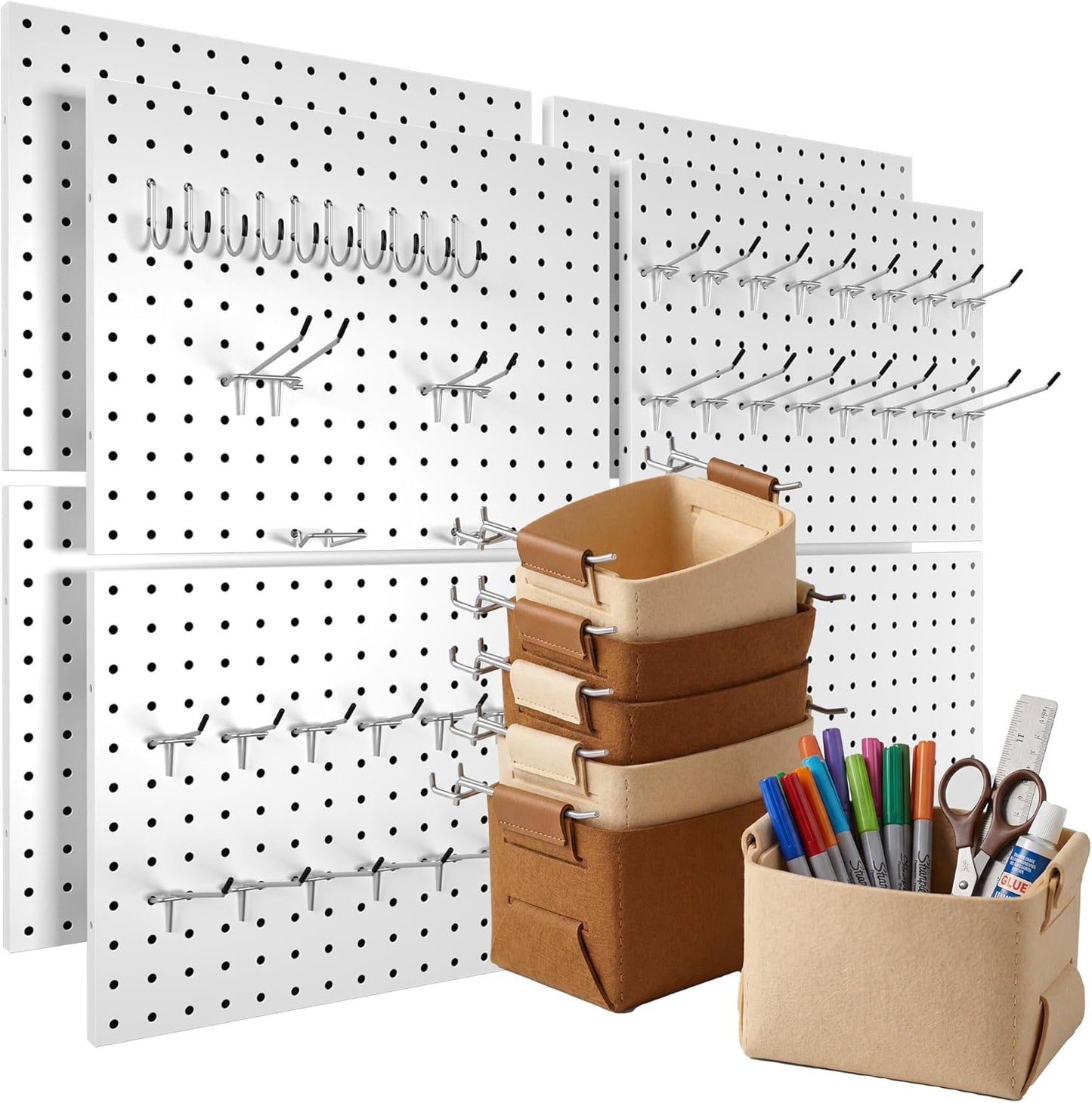Peg Board, 6 Pack Metal PegBoard Organizer with Accessories, White Pegboard Panels with 50 Pcs Hooks and Baskets, Wall Organizer for Office, Craft Room Organization, Garage, Sewing Room